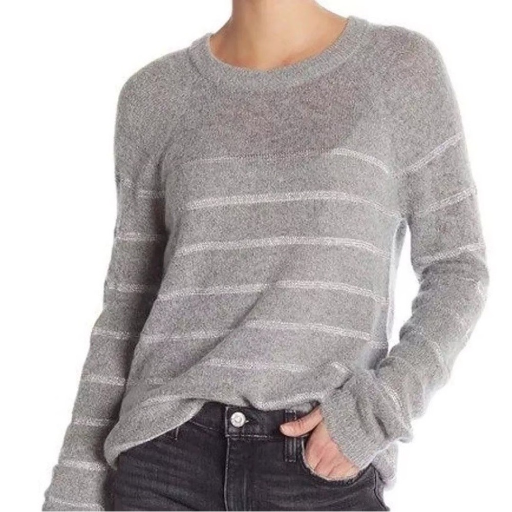 Current/Elliott Gray Crew Neck Sweater with Silver Stripe Stitching